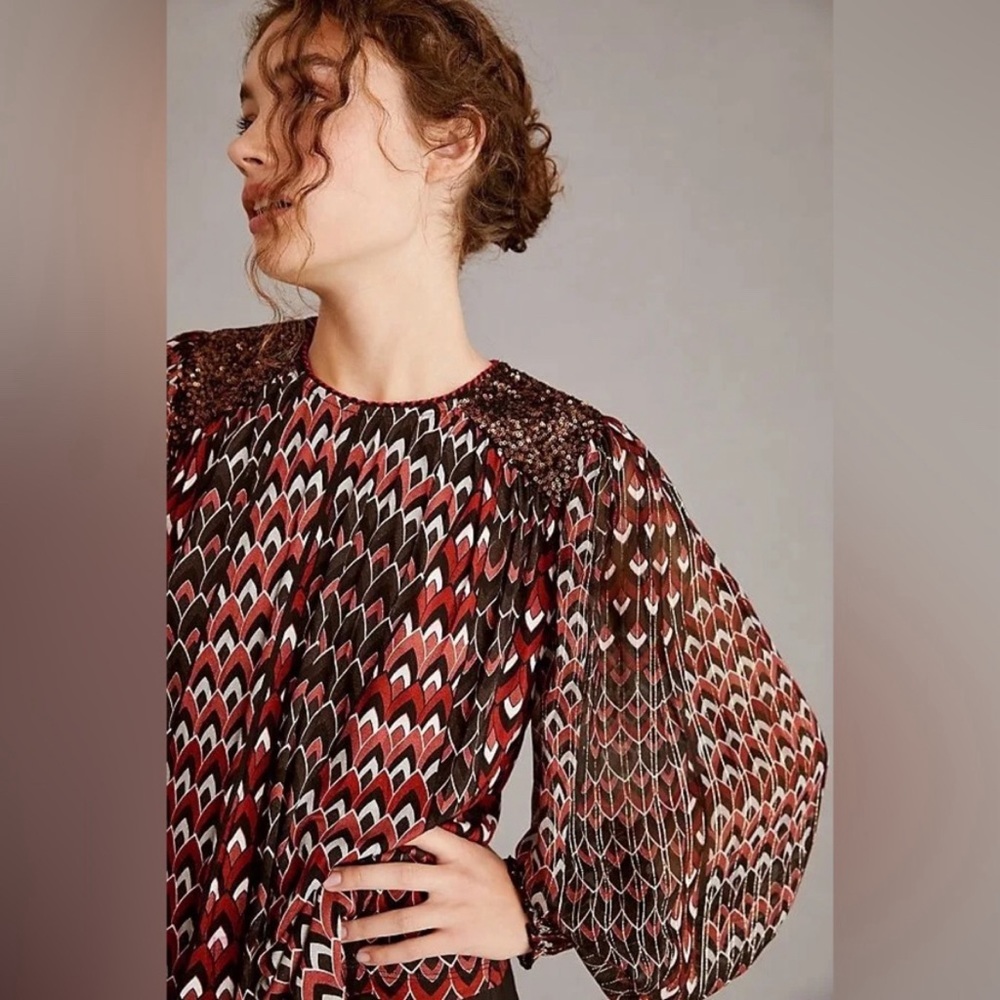Anthropologie Bl-nk Sequin Embellished Geometric Metallic Top Boho Luxe Coquette